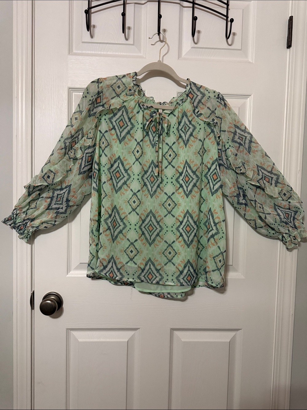 Cato Mint Green Geometric Peasant Blouse